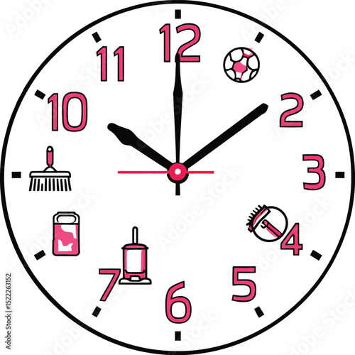 Sports Activity & Time Management Symbol Set Featuring a Bold Clock Face with Numbers from 1 to 12, Each Accompanied by a Soccer Ball Icon, Representing Scheduled Playtime, Routine, and Athletic 