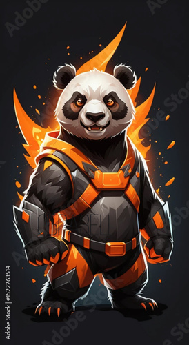 Heroic cartoon panda character in a stylish armor with fiery orange accents on a dark background