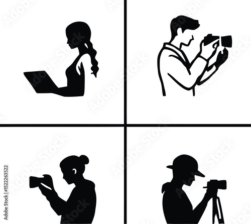 Creative Photography & Filmmaking Symbol Set Featuring Four Unique Silhouetted Figures, Each Representing Different Aspects of Visual Storytelling—Laptop-Based Editing, Photography with a Handheld 