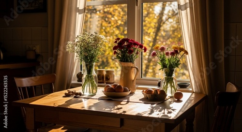 Beautiful breakfast setup with fresh flowers and farm eggs, enhanced by warm sunlight streaming indoors.
