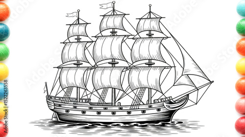 A detailed black and white sketch shows a classic tall sailing ship with three masts and billowing sails on calm water