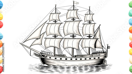 A detailed black and white sketch shows a classic tall sailing ship with three masts and billowing sails on calm water