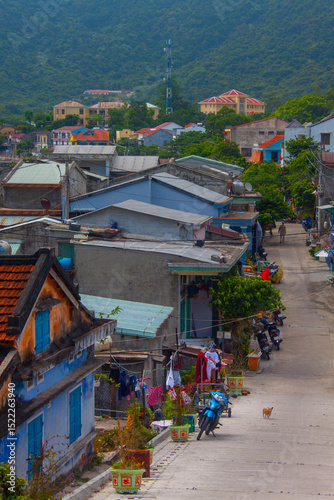 Fototapeta Naklejka Na Ścianę i Meble -  Colorful Vietnamese village street with traditional houses, scooters, laundry hanging, and mountains in the background. A small dog walks along the quiet road.
