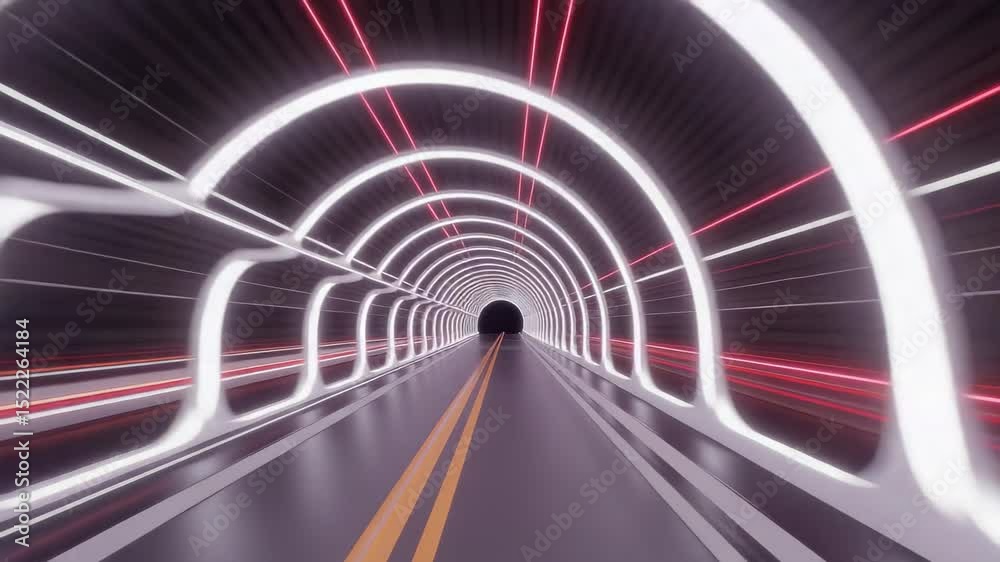 Futuristic Tunnel with Neon Lights and Roadway Perspective, Abstract Motion Video