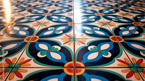 A detailed photograph of glossy Portuguese azulejo tiles showcases symmetrical floral patterns, gold sunburst medallion, and intricate Manueline scrollwork