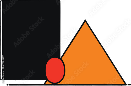 Minimalist Geometric Shapes & Design Symbol Set Featuring a Composition of Three Simple Forms: a Black Rectangle on the Left, an Orange Triangle to Its Right, and a Red Oval Overlapping Both, 