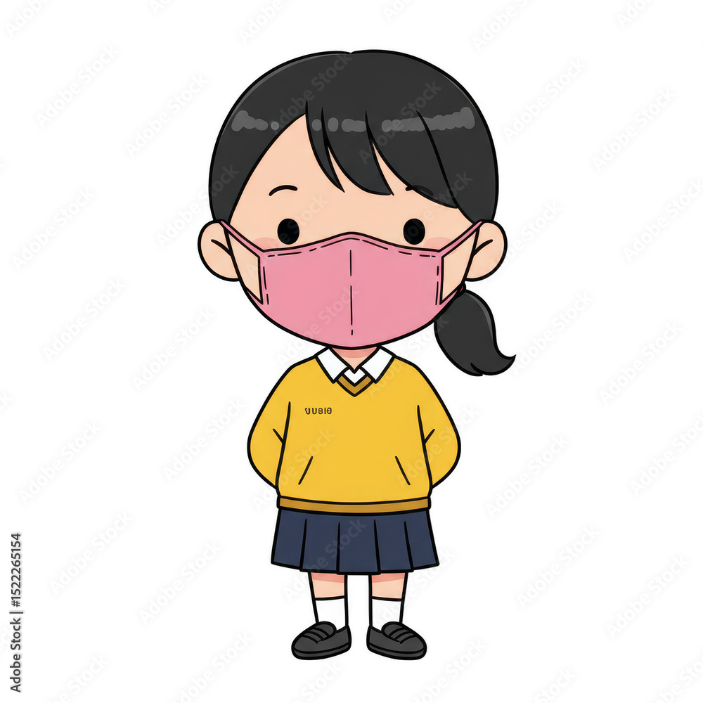 Fototapeta premium Illustration of Young School Girl Wearing Pink Mask in Full Body