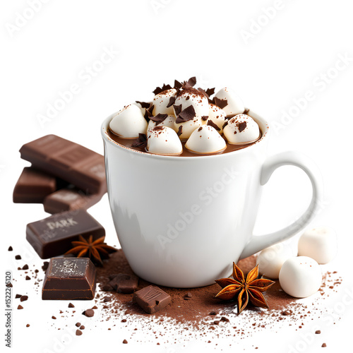 A white mug filled with hot chocolate and marshmallows with chocolate pieces around it