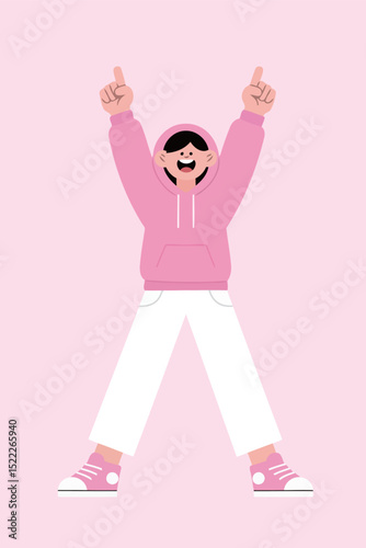 Excited Person Wearing Pink Hoodie and White Pants