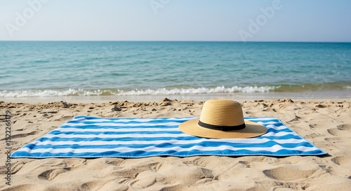 Relaxing Beach Scene Striped Towel and Sun Hat on Sandy Shore