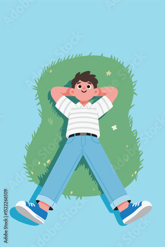Relaxed Boy Lying on Grass with Hands Behind Head and Smiling face
