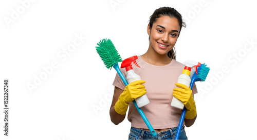 Isolated Image of Smiling Woman Holding Cleaning Equipment Transparent