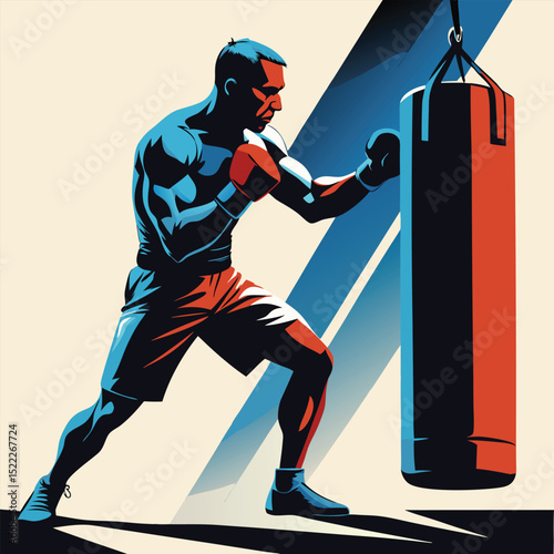 Boxing training with punching bag fitness and workout vector