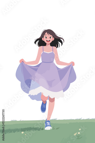 Girl in Purple Dress Running on Grass