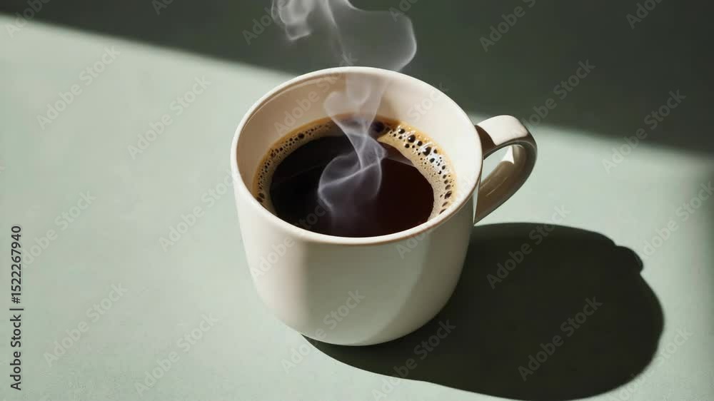 Steaming Hot Coffee Cup on Minimalist Tabletop with Morning Light