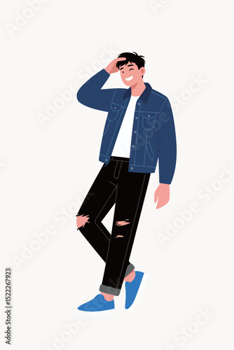 Man Wearing Blue Jacket and Black Jeans Standing with Hand on Forehead