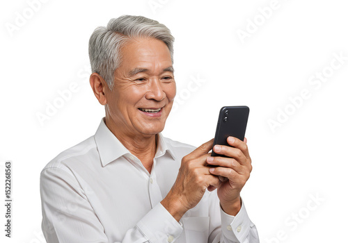 Isolated Photo of Senior Man Enjoying Smartphone Technology on Transparent