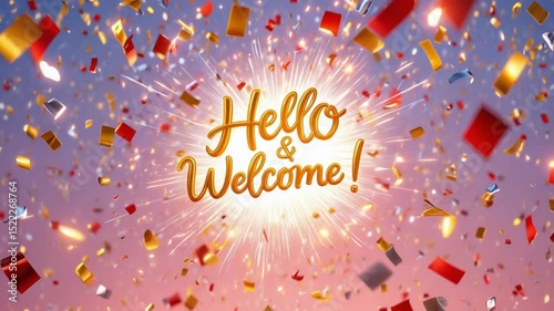 Festive Hello Welcome Celebration with Golden Text and Confetti Explosion