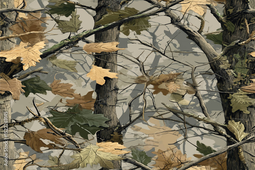Camouflage seamless pattern. Forest real tree camouflage design. Hunting camouflage. Army hunting camouflage background. Tree Camouflage Pattern