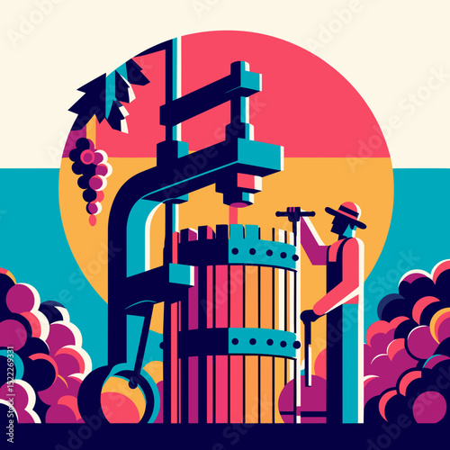 Worker using grape press, with a vibrant mood, against colorful background