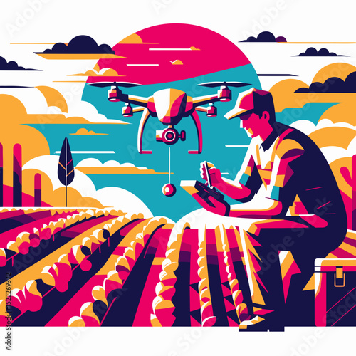 Technician checking vineyard drone, with a vibrant mood, on a colorful background