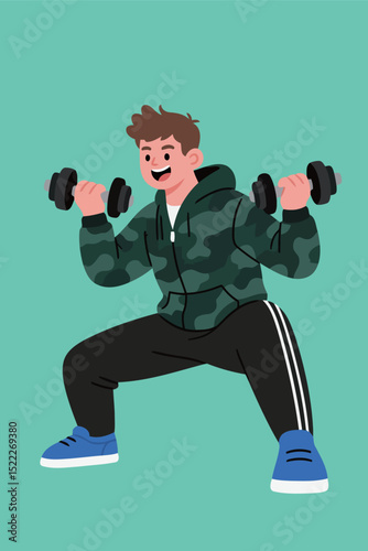 Man Exercising with Dumbbells in Camouflage Jacket and Blue Shoes