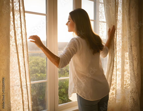 A woman is opening the window curtains at home to start a new day, enjoying wellbeing, good morning, feeling happy, and breathing fresh air. A woman is looking out the window in a happy mood. Free Download A woman is opening the window curtains at home to start a new day, enjoying wellbeing, good morning, feeling happy, and breathing fresh air. A woman is looking out the window in a happy mood. - GFXLoad