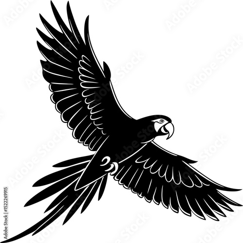 Black Silhouette of a Parrot in Flight, Wings Spread Wide