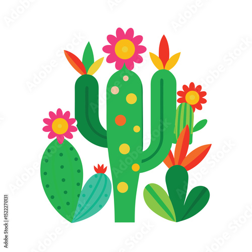 Colorful illustration of stylized cactus flowers and desert plants