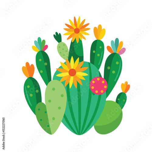 Colorful stylized cactus illustration with blooming flowers and vibrant details