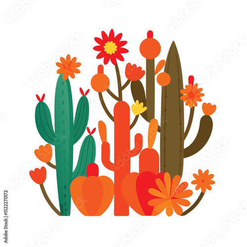 Colorful stylized illustration of desert cacti and desert flowers