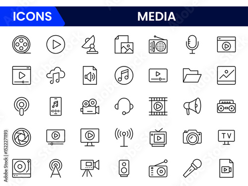 Dynamic vector web line icons showcasing media, broadcasting, streaming, journalism, cameras, microphones, and digital content creation tools.