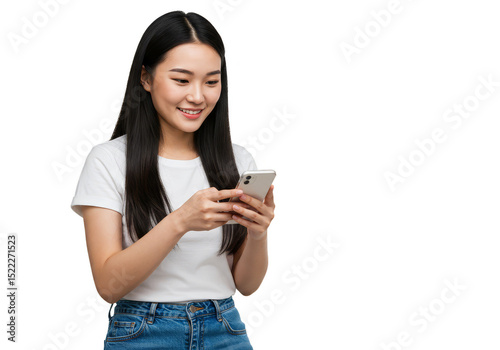 Isolated Portrait of a Smiling Asian Woman Using Smartphone on Transparent