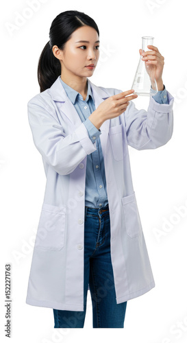Isolated Portrait of Woman Scientist Holding Flask Experiment on Transparent