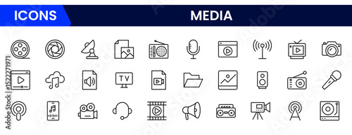 Dynamic vector web line icons showcasing media, broadcasting, streaming, journalism, cameras, microphones, and digital content creation tools.