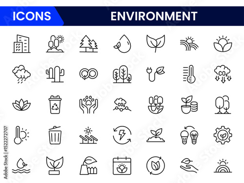 Green vector web line icons depicting environmental care, sustainability, recycling, nature conservation, and eco-friendly practices for a healthier planet.