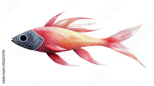 A vibrant illustration of a tropical fish, its scales shimmering with a spectrum of colors, gracefully navigating through aquatic space. Vivid details, aquatic life. 