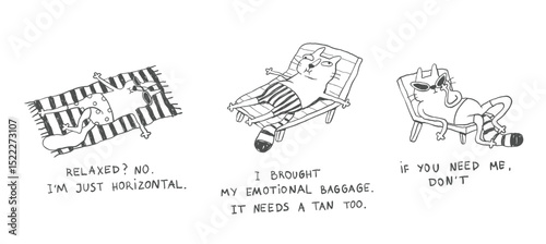 Funny Summer Beach Characters with Sarcastic Humor in Hand-Drawn Comic Doodle Style