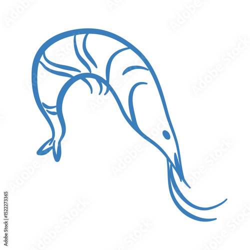 Hand drawn shrimps in doodle style. Mediterranean blue summer icon, element for italian menu, wedding, print, invitation. Ink sketch design of summer beach. Flat tropical minimalist vector illustratio