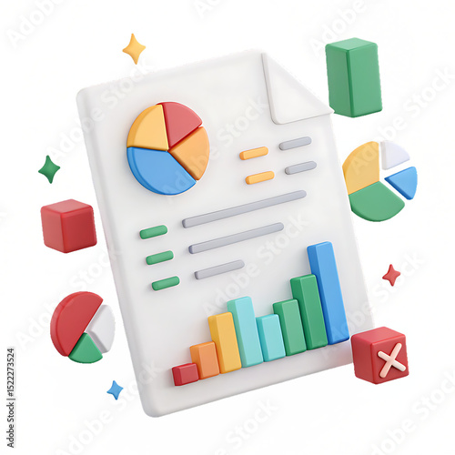 Colorful 3d render of business charts and data on a white paper concept