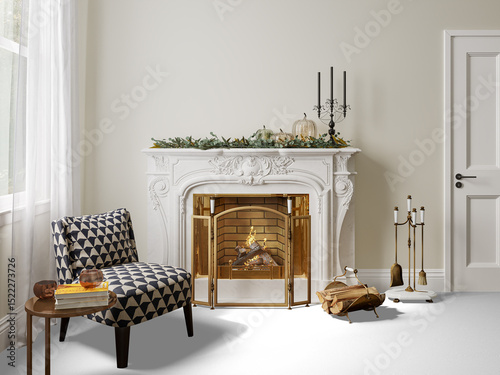 Elegant Fireplace Corner with Geometric Chair and White Sculpted Mantel – Transparent Floor PNG – 3D render	
