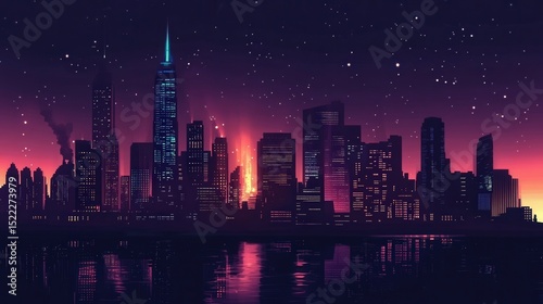 Captivating City Skyline at Night With Illuminated Skyscrapers