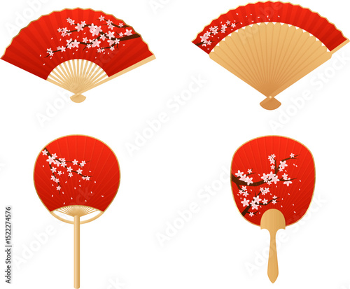 Vintage Japanese and Chinese hand fan decorated Sakura flowers flat icon vector set, open bamboo and red paper accessory