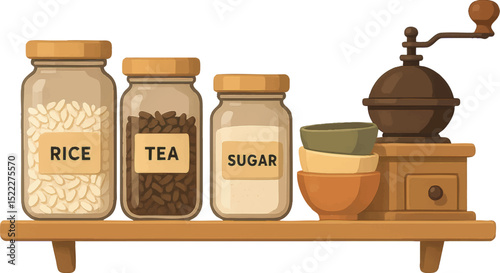 Pantry shelf illustration with labeled glass jars of rice, tea, and sugar next to stacked bowls and a manual grinder.