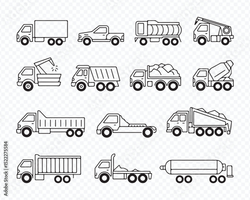 Vector set of cargo truck construction vehicle line icons