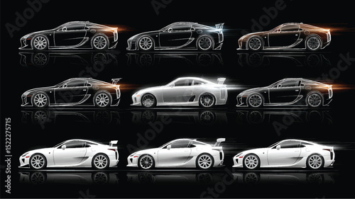 Glossy white sports cars in uniform layout on dark reflective background, highlighting body shapes and wheel designs in detail.