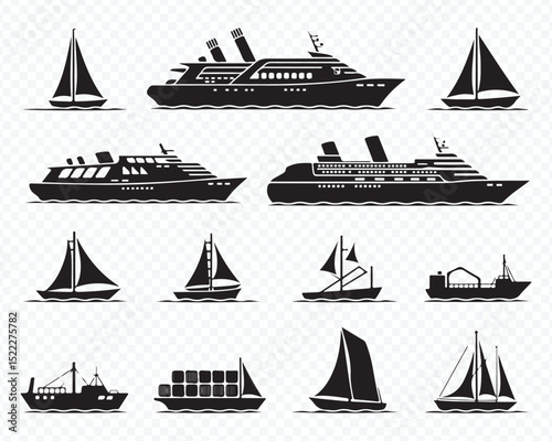 Silhouette vector icons of boats ships and maritime vessels