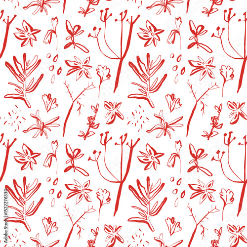 Seamless red spice pattern with anise and herbs on white background in expressive hand drawn line art