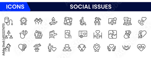 Impactful vector web line icons depicting social issues, equality, justice, community, awareness, and advocacy for positive societal change.
