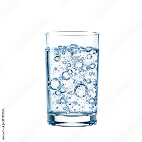 A clear glass filled with sparkling water and many bubbles on a black background
